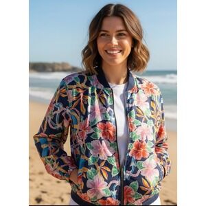 Mureli Bomber Jacket Womens Med Navy Pink Tropical Floral Print Silk Vacation